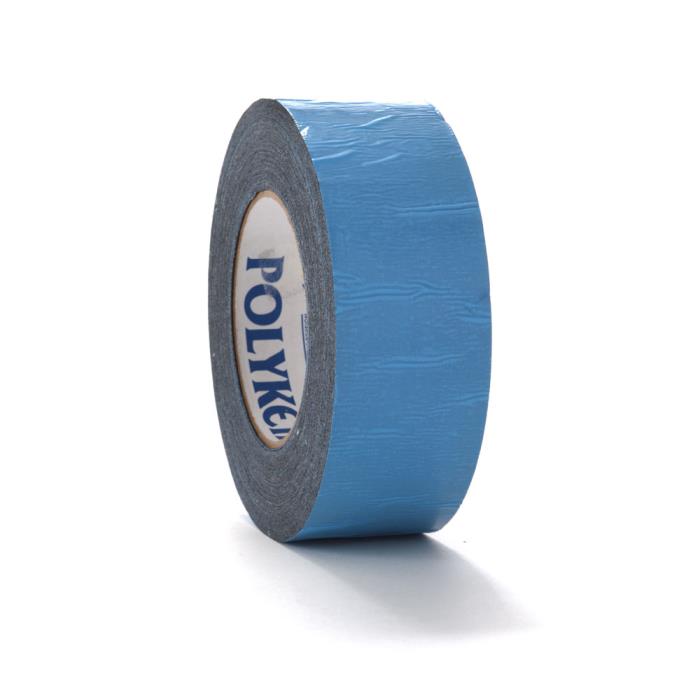 Polyken 108FR black and natural beige carpet tape two-roll studio shot with blue liner tails