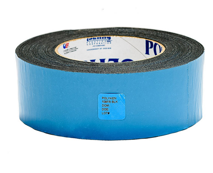 Polyken 108FR black aircraft carpet tape single roll showing lot label — Made in USA double-coated cloth