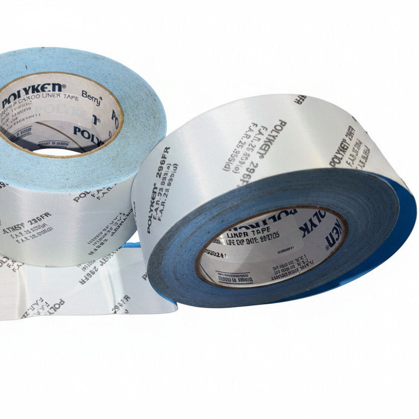 Polyken 296FR cargo liner tape rolls showing FAR 25.853(a) and FAR 25.855(d) compliance printing