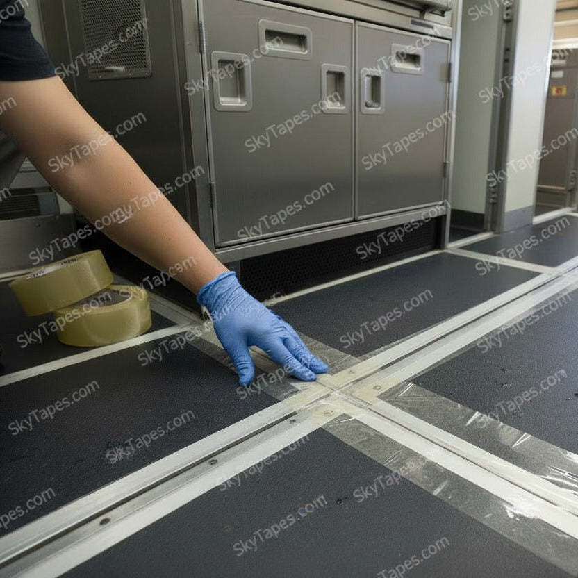 Gloved technician applying Patco D9100 clear waterseal tape to aircraft galley floor joints