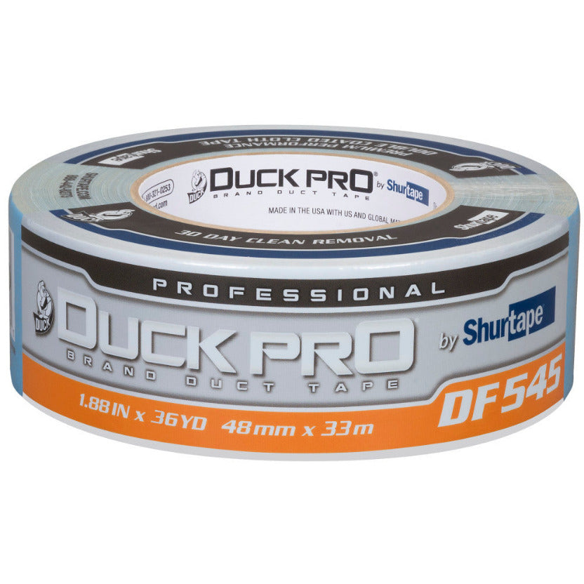 Shurtape DF 545 Duck Pro single roll end-on showing 30-day clean removal label — 48mm x 33m blue carpet tape