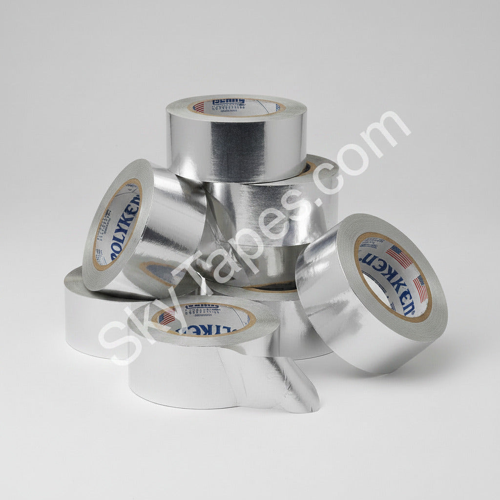 Polyken 345SW aluminum foil speed tape multi-roll group showing 1-inch and 2-inch widths — Made in USA