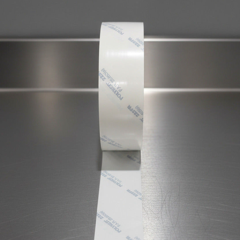 Polyken 225FR 2-inch cargo pit duct tape single roll on brushed metal surface showing compliance printing