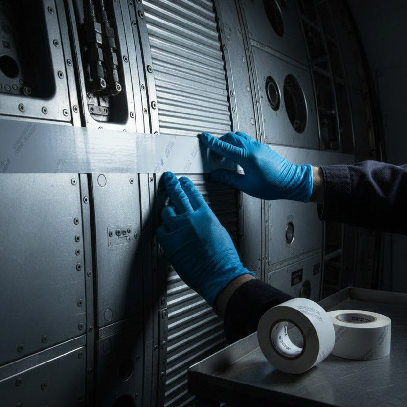 Gloved technician applying Polyken 225FR flame retardant tape to aircraft cargo compartment liner panels