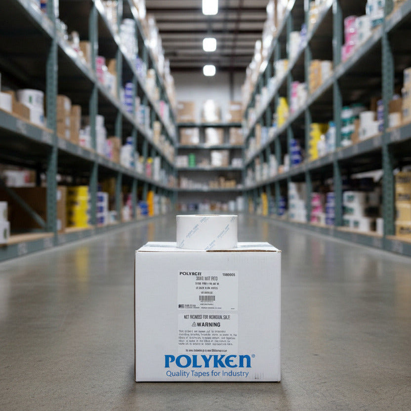 Polyken 225FR 3-inch case of 16 rolls in warehouse — Polyken branded carton with single roll displayed