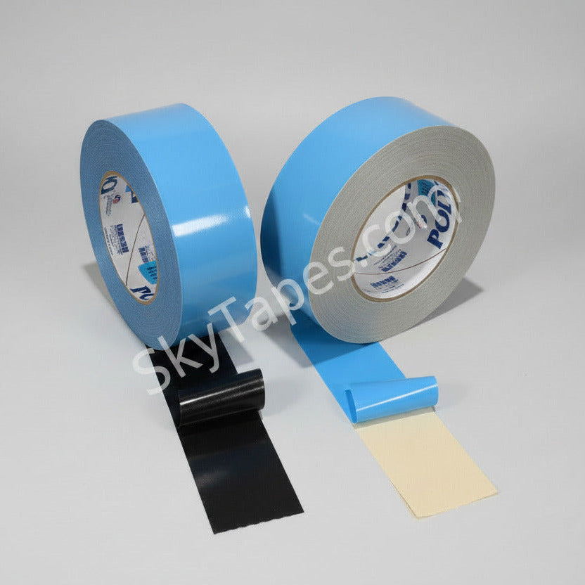 Polyken 108FR black and beige aircraft carpet tape showing blue LDPE release liner and cloth backing