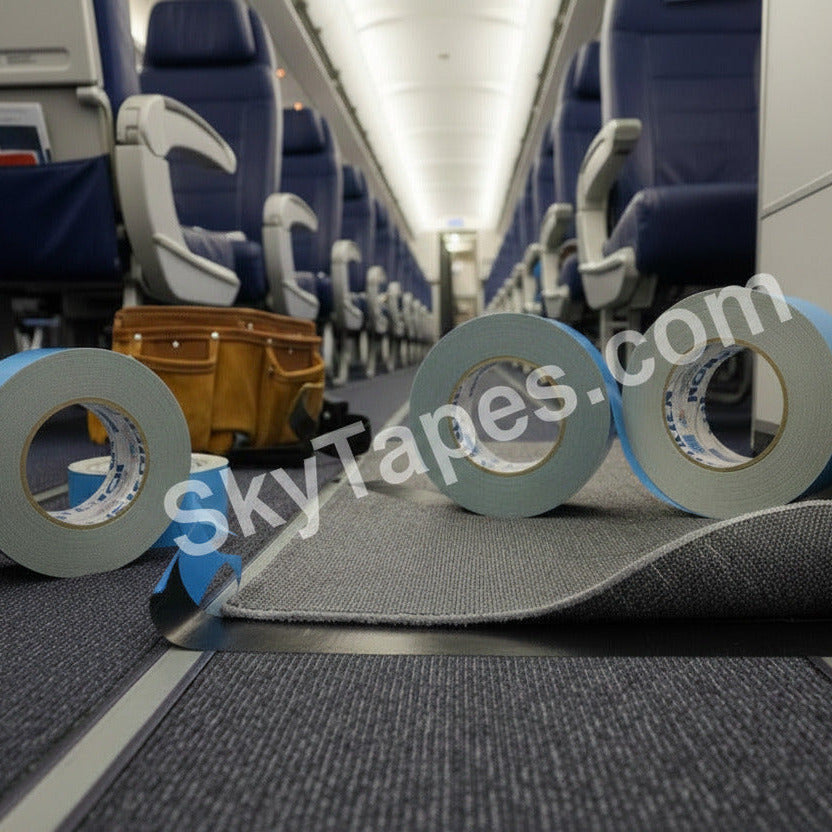Polyken 108FR carpet tape rolls on aircraft cabin floor during carpet installation — BMS 5-133 approved