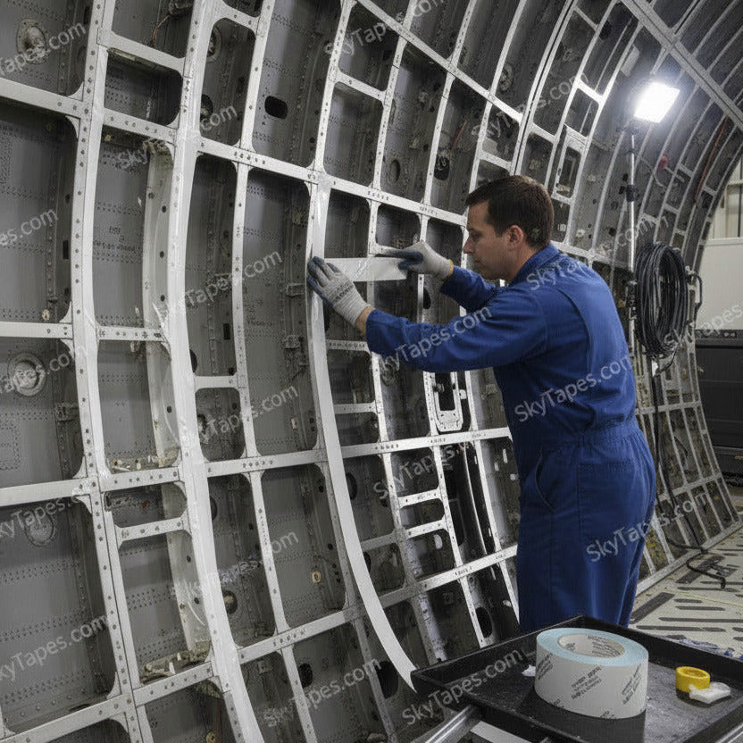 Technician applying Polyken 296FR flame retardant tape to aircraft cargo compartment liner seams