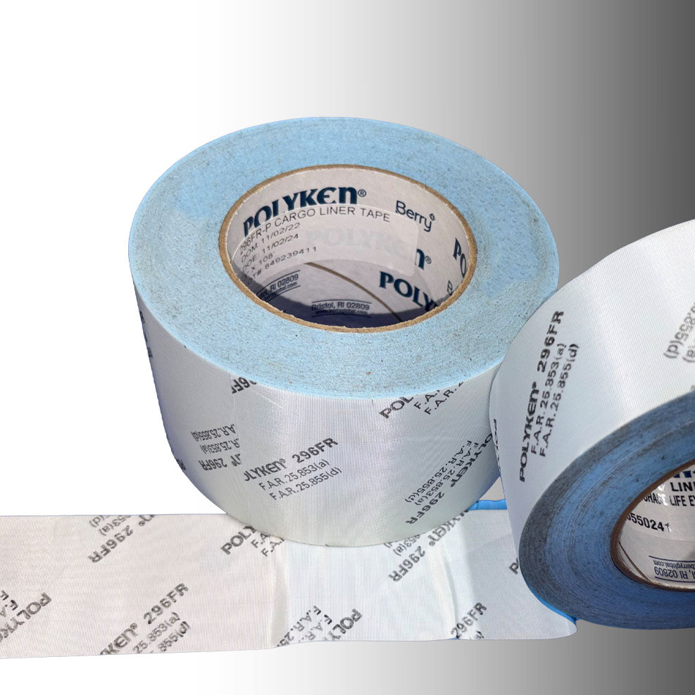 Polyken 296FR 4-inch cargo pit tape roll with FAR 25.853(a) FAR 25.855(d) printed backing