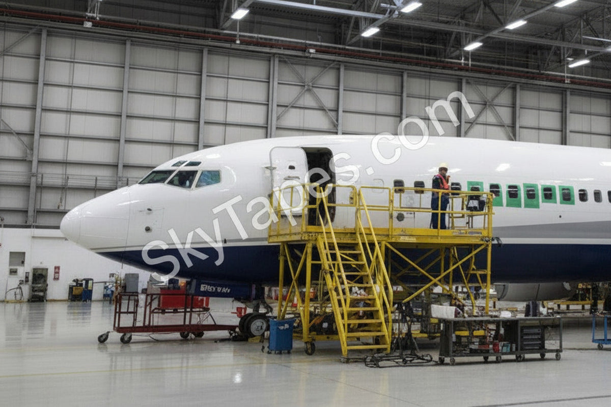 Boeing 737 in MRO hangar with Protex 8216-2L green polyester protective film applied to all passenger windows