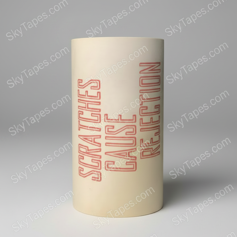 Protex 5 protection paper roll standing upright showing bold red "Scratches Cause Rejection" warning text