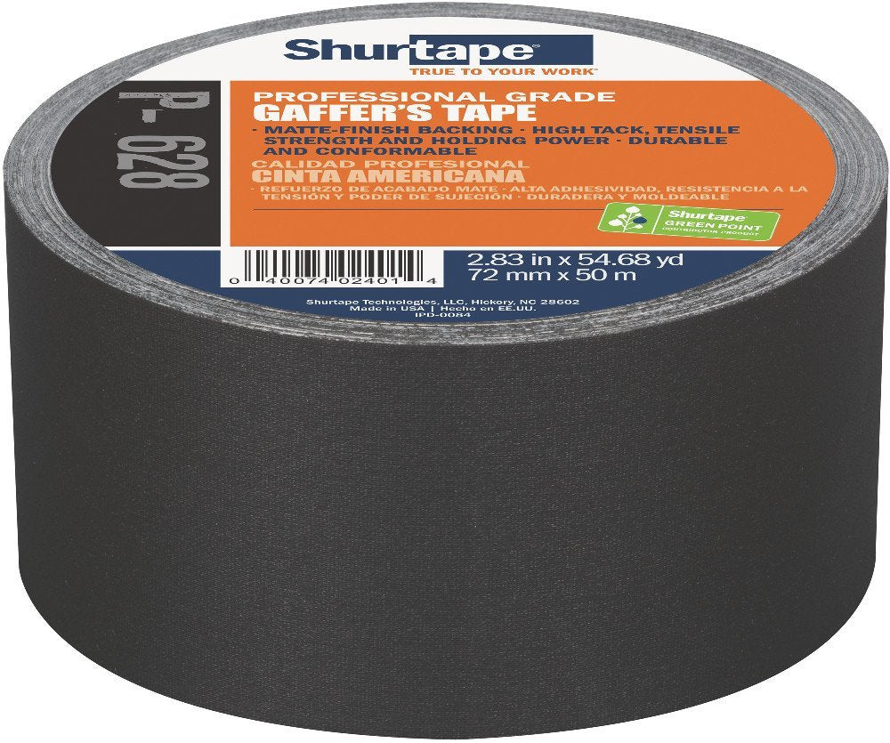 Pro Gaff® Black Professional Gaffer Tape (Formerly Shurtape P-628) | Matte Coated Cloth | Made in USA | 2" & 3" x 55 Yards