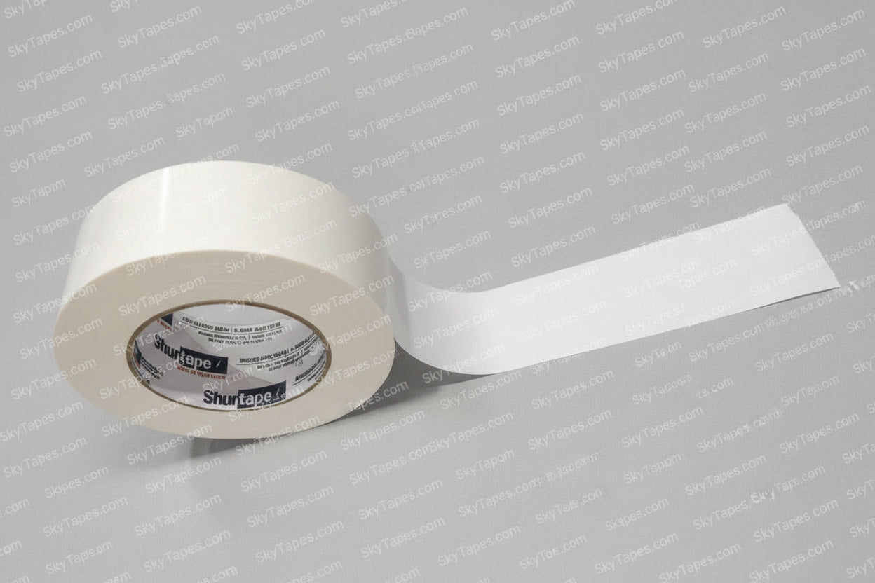 Shurtape DF 642 white double-coated cloth carpet tape roll with liner.