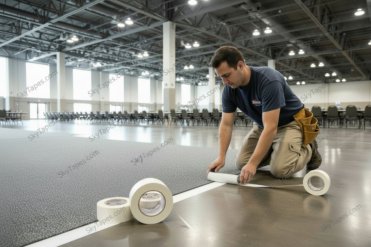 Shurtape DF 642 white double-coated cloth carpet tape roll with liner.