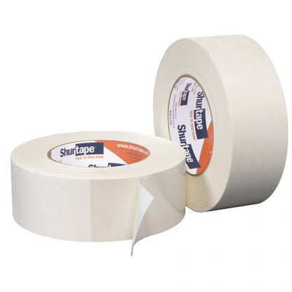 Shurtape DF 642 white double-coated cloth carpet tape roll with liner.