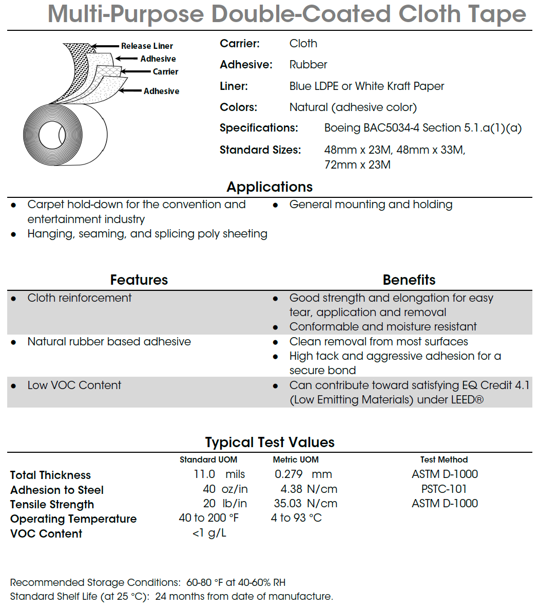 Polyken 105C Multi-Purpose Double-Coated Cloth Tape | 11 Mil | Boeing BAC5034-4 | Carpet & Mounting Tape | LEED Compliant