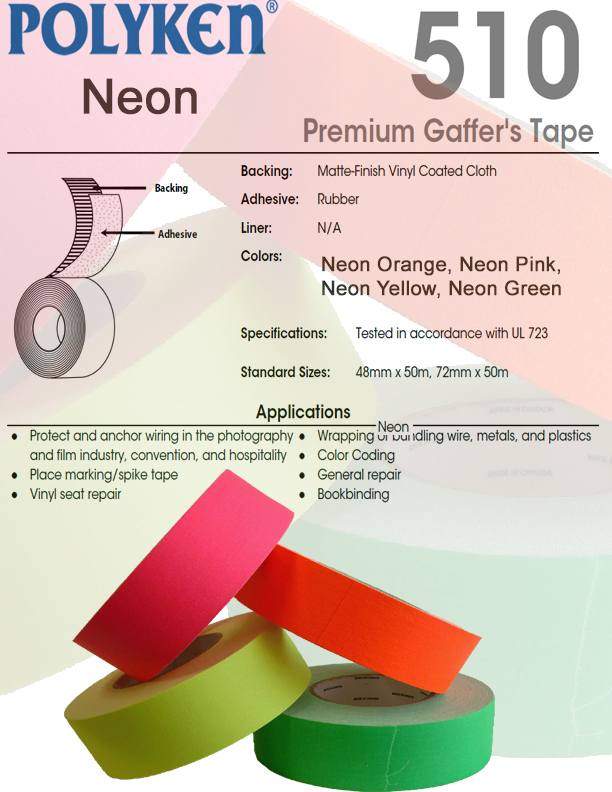 Polyken 510 Neon Fluorescent Gaffer Tape | UV Blacklight Reactive | Spike Tape | Neon Pink
