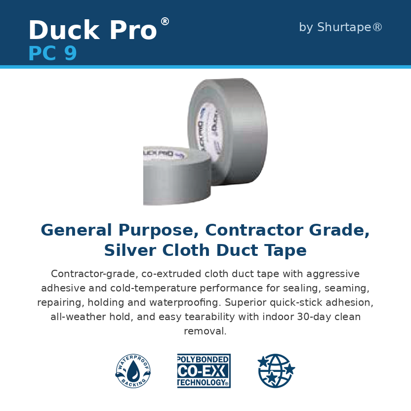 Duck Pro® PC 9S Silver Duct Tape by Shurtape® | Contractor Grade