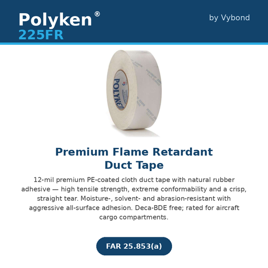 A roll of Polyken 225FR Premium Flame Retardant Duct Tape by Vybond, 